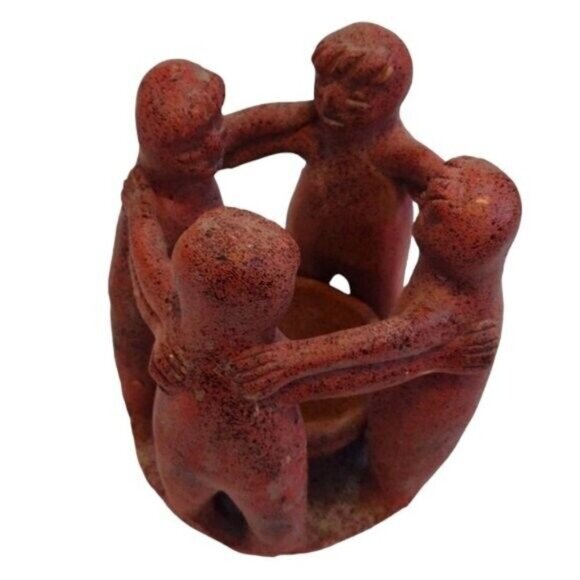 Vintage Aztec Mayan Folk Art Circle of Friends (4) Clay Pottery Candle Holder - Picture 3 of 7